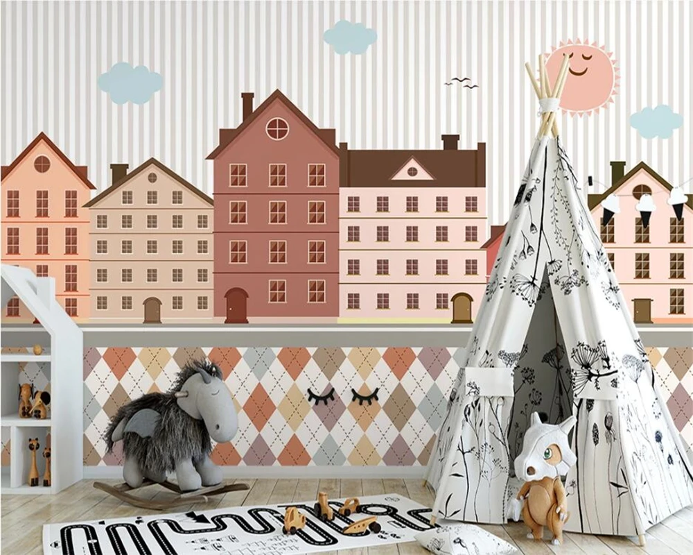 beibehang Customized wall paper Nordic hand-painted small house suitable for kindergarten children's room background wallpaper