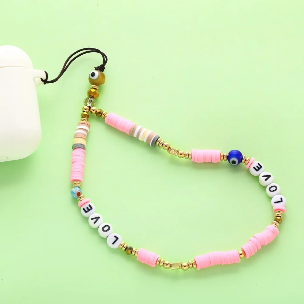 Sweet Girls Pink Phone Straps Soft Clay Evil Eye Beads Cell Phone Lanyard Anti-lost Hanging Cord Handmade Jewelry mpsa031