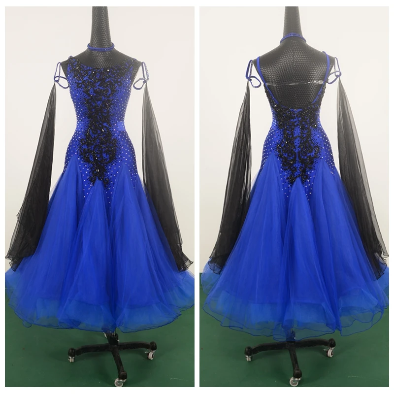 GOODANPAR New Standard Ballroom Dance Dress Women Girls Competition Costume  Lycra Waltz Stage  black royal blue