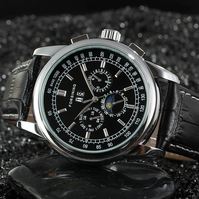 FORSINING Three eyes six pin scale mechanical watch circular black belt wrist watch Men's mechanical watch