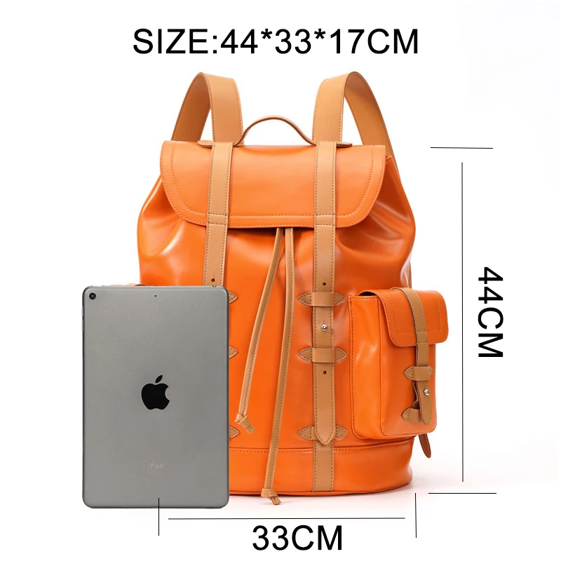 Orange Leather Outdoor Bag for Men Large Capacity 19.6\'\' Laptop Backpack School Male Female Retro Designer Bag Travle Mochila