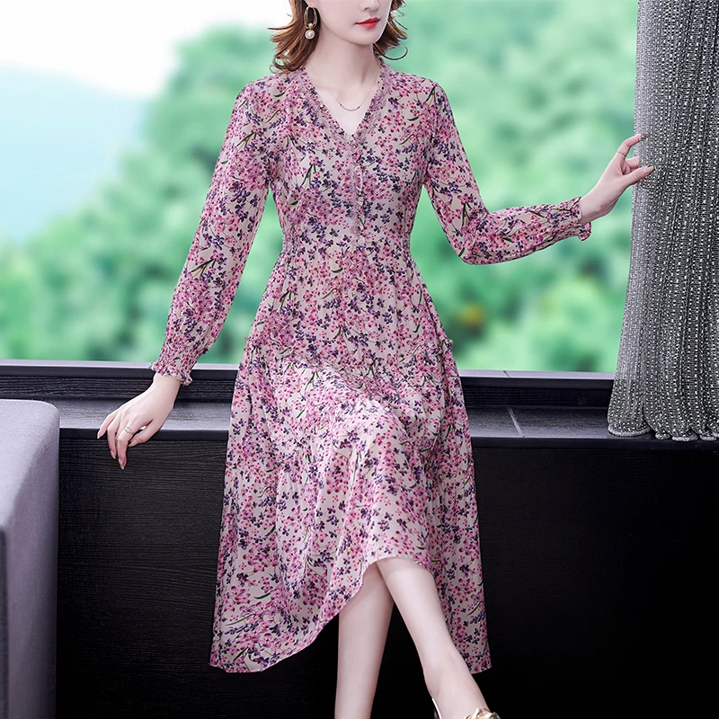 Frauen rosa Blumen natürliche Seide Midi Kleider Herbst koreanische Mode Chiffon Kleid 2024 Frühling neue elegante Bodycon Party Vestidos