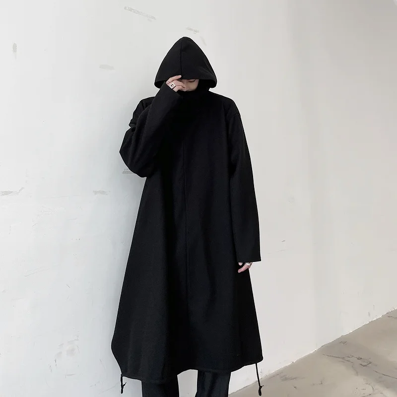 

Men's Coat Black Long Hooded Autumn And Winter Pullover Shawl Autumn And Winter New Simple Loose Wool Coat Fashion Leisure Slim