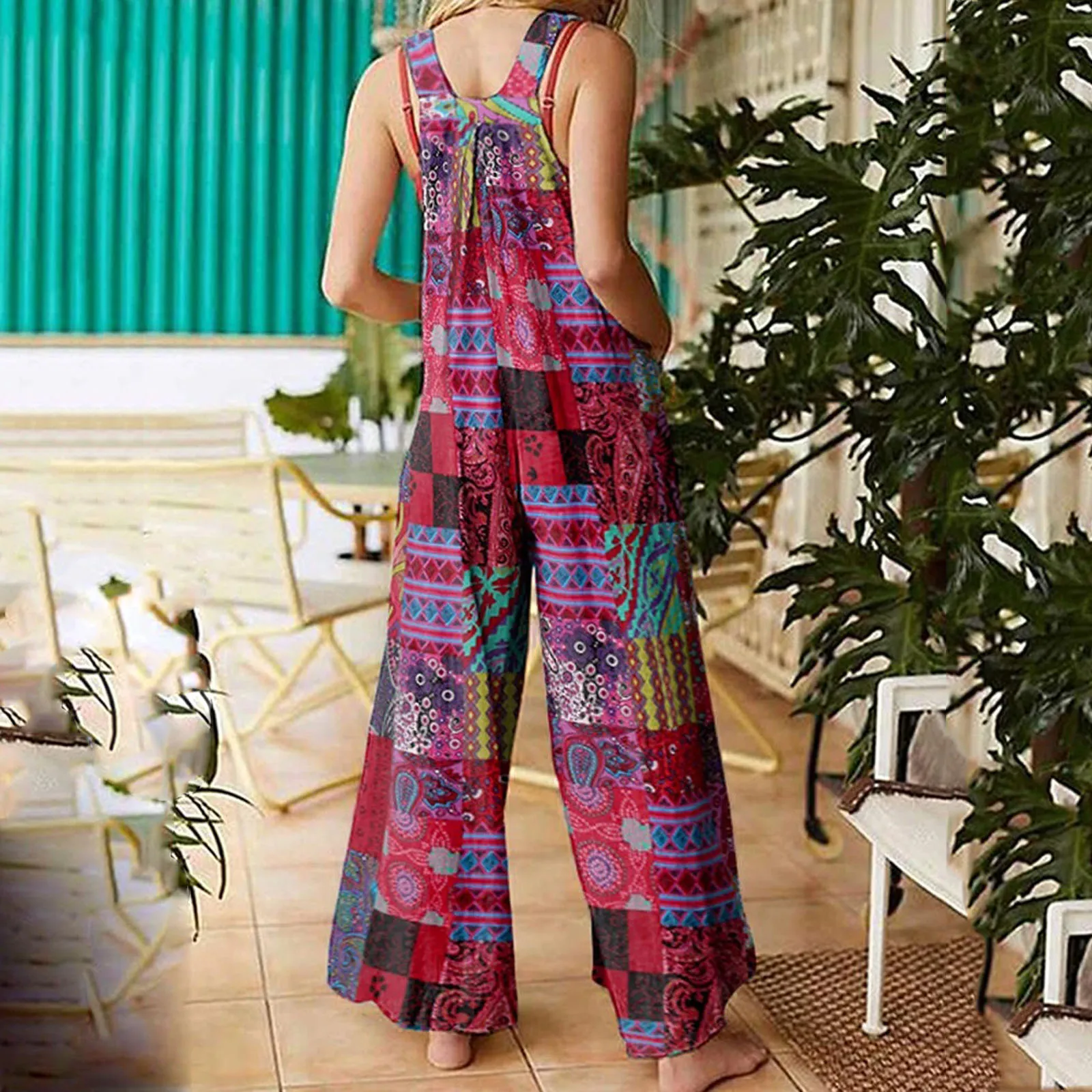 Women Ethnic Style Jumpsuits Summer Overalls Multicolor Square Neck Sleeveless Casual Rompers with Pockets for Girls Playsuit