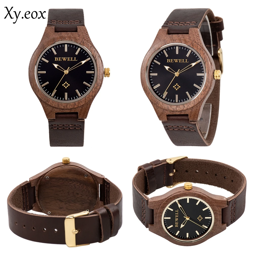 BEWELL Retro Men Women Wooden Watch Genuine Leather Quartz Wood Wristwatch