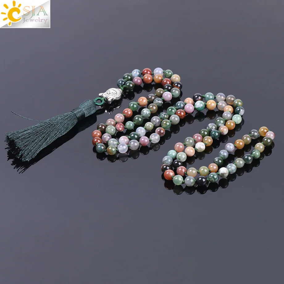 CSJA 6mm Natural Indian Agates Onyx Beads Mens Tassel Necklaces Stone Healing 108 Mala Prayer Beaded Reiki Buddhist Jewelry F170