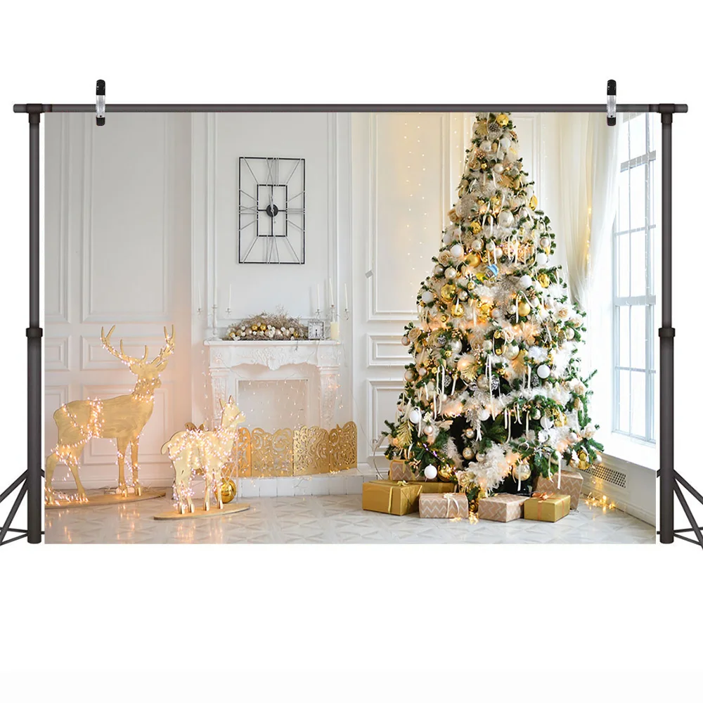 التصوير الفوتوغرافي عيد الميلاد غرفة المعيشة خلفية شجرة عيد الميلاد الأيائل الضوء الأبيض الطوب جدار صورة خلفية هدية نافذة الأسرة فيديو الدعائم