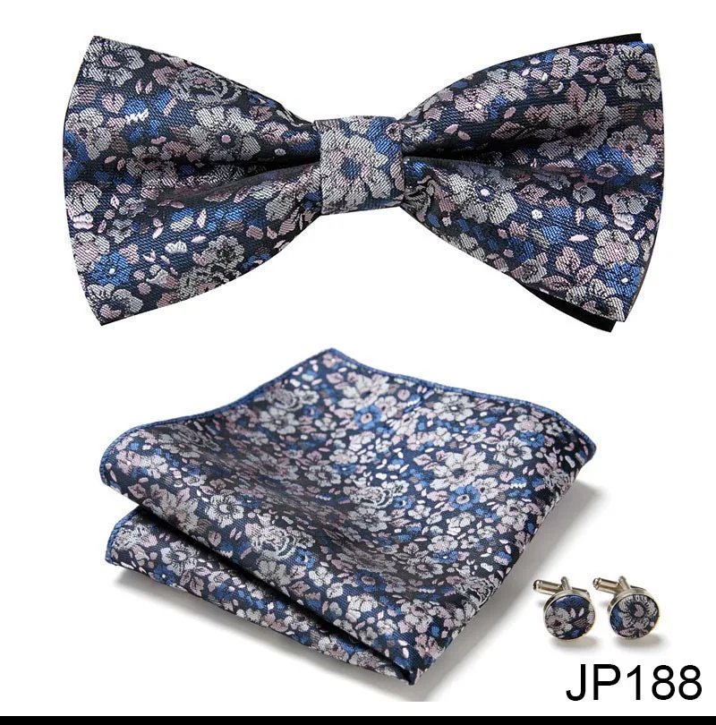 Great Quality Silver Office Butterfly Hanky Cufflink Set Bowtie For Men Geometric Hombre Formal Clothing