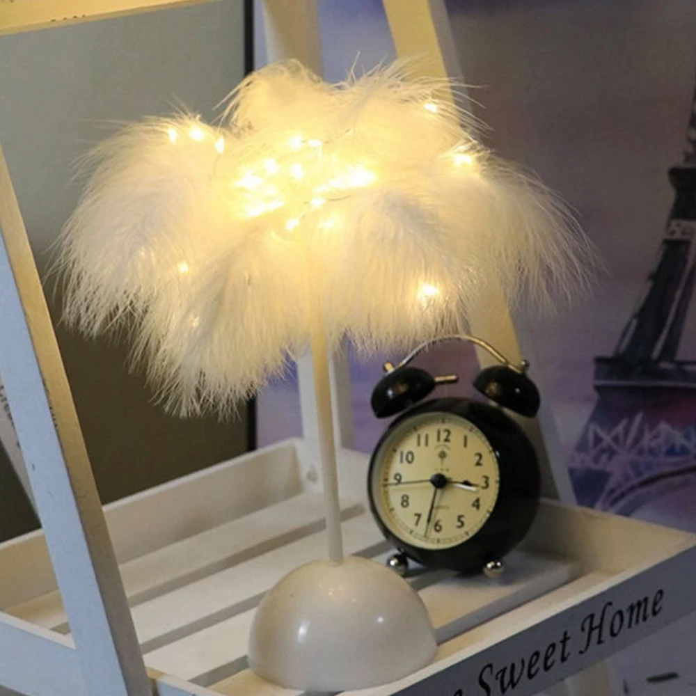 Creative DIY Feather Table Lamp Remote Control USB/AA Battery Power Warm Light Tree Feather Lampshade Wedding Home Bedroom Decor