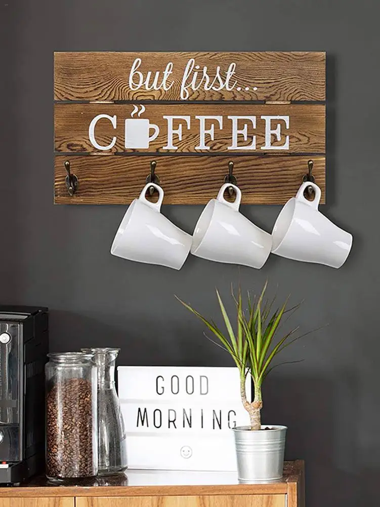 Wall Mounted Cup Organizer 5 Hooks Rustic Coffee Mug Holder Water Cup Drinkware Hanging Home Kitchen Display Storage Decorations