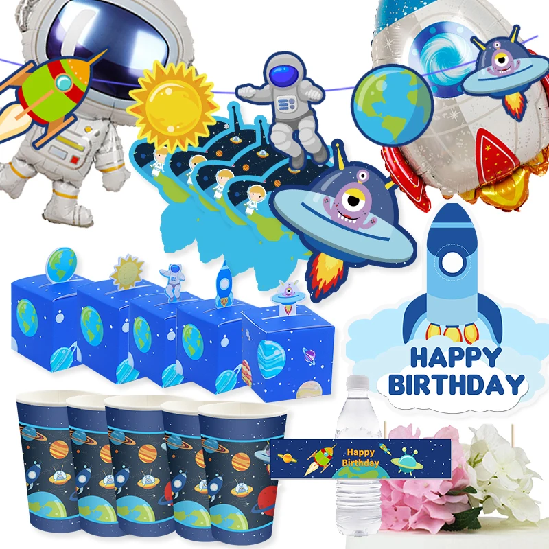 Space Astronaut Birthday Party Supplies Rocket Balloon Gift Box Paper Cups Cake Topper Bottle Label Invitation Banner 43 pcs