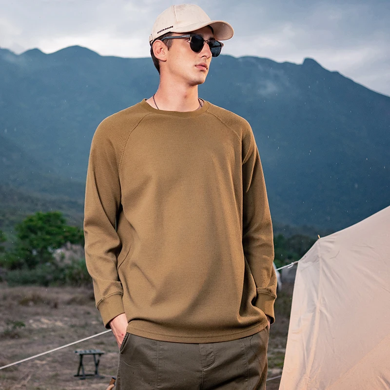 

England Style Waffle Oversized T-Shirts For Men Autumn New Style Round Neck Simple Basic Business Casual Loose Pullovers Tops