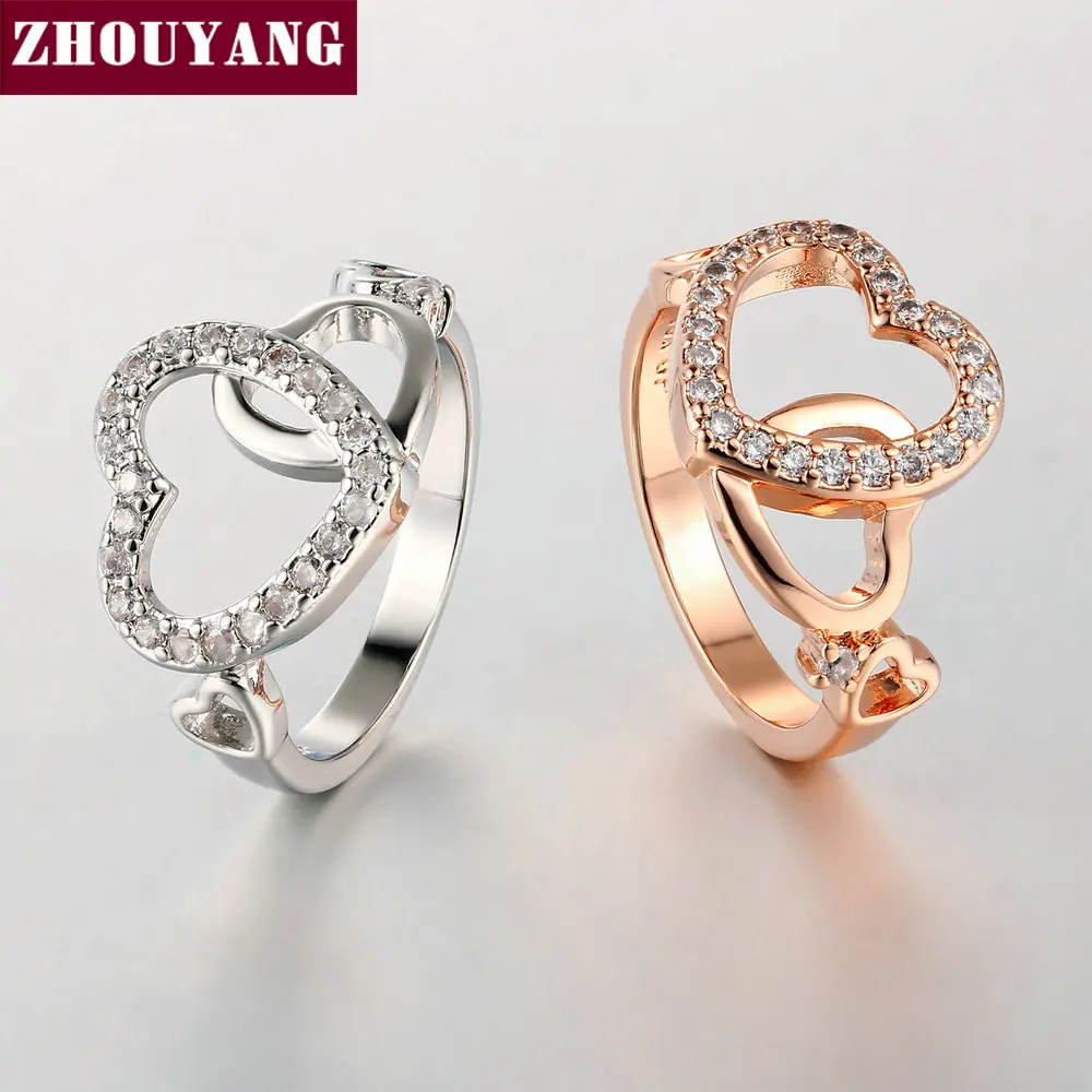 Top Quality Gold Romantic Dual Hearts Crystal Love Ring Rose Gold Color Austrian Crystals Full Sizes ZYR154 ZYR155