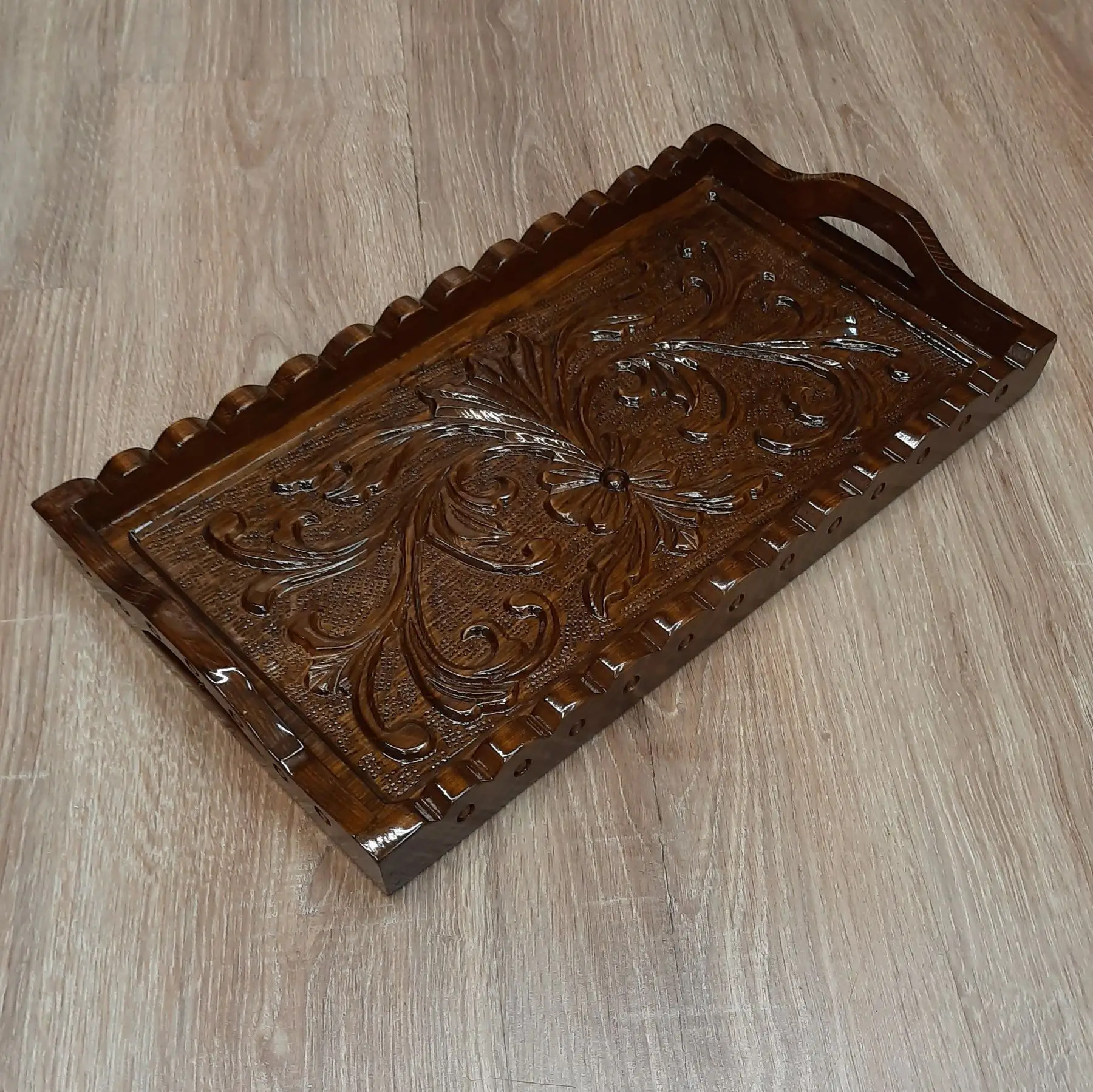 

DOLBOVI Carved tea coffee tray carved walnut presentation and engagement tray hand-carved wood embroidered tray tray поднос plateau de service