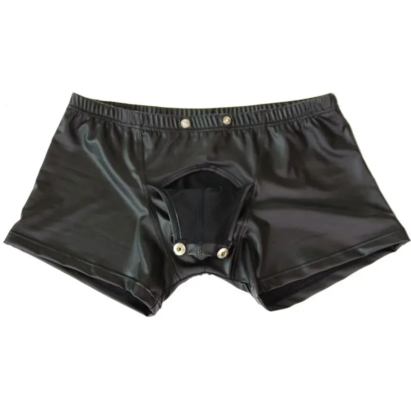 Sexy Men Faux Leather Cock Ring Boxer U Convex Pouch Shiny Boxers Underwear Sheathy Cool Male Gay Wear Penis Pouch Plus Size F10