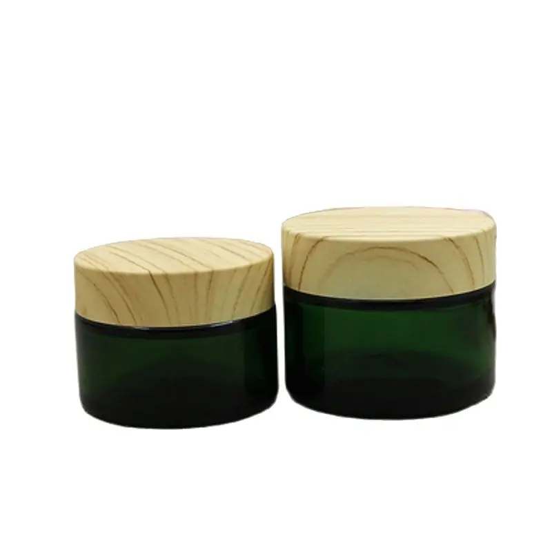 15Pieces Empty Green Glass Cosmetic Cream Refillable Bottle Packaging Container Eye Cream Jar False Wood Plastic Lid 50G 30G