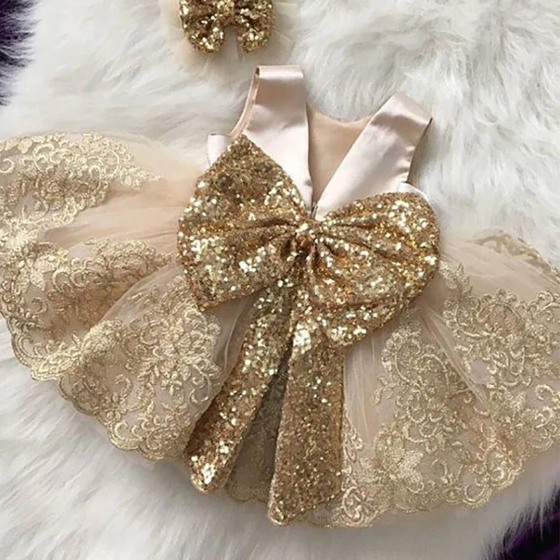 Summer Sequins Bow Baby Girl Dress Gold 1st First Birthday Princess Wedding Kids Party Dresses For Girl Bridemaids Evening Gown