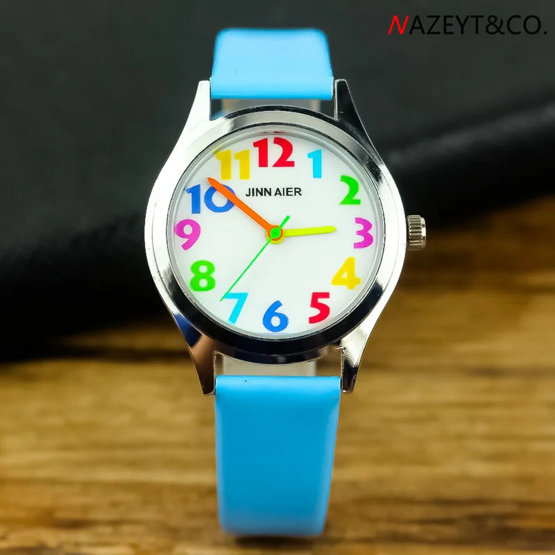 Förderung kinder candy uhr hohe qualität kinder jungen mädchen farbe keine. skala zifferblatt pu leder armbanduhr student geschenk gelee uhr