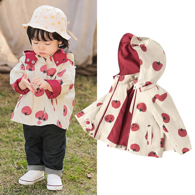 1-7Y Fashion Toddler Kids Baby Girl Spring Coats Clothes Cute Tomato Print Detachable Hooded Kid Jacket Coat Outwear Windbreaker