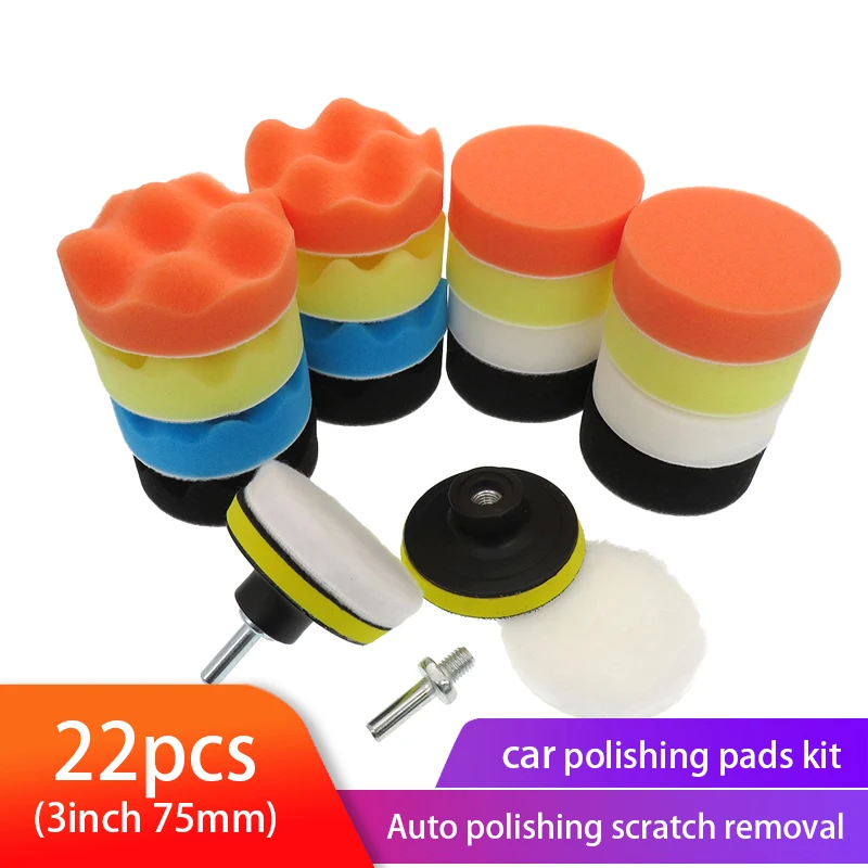 

22pcs Buffing Pad Set 3 inch Sponge Woolen Car Polishing pad Kit for Auto Waxing Drill Adaptor M10 Power Tool accessorie