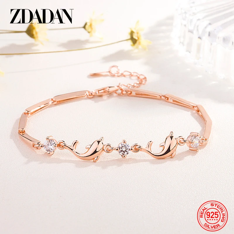 ZDADAN 925 Sterling Silver Rose Gold Dolphin Zircon Bracelet For Women Fashion Gift Wedding Jewelry