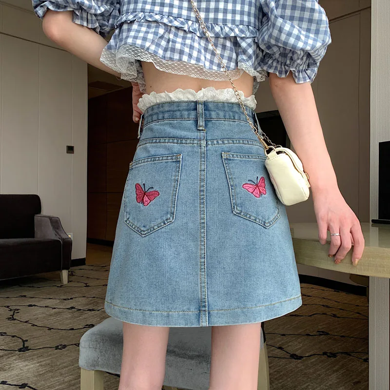 Women Korean Fashion All-Match Lace Side Denim Skirts Chic Summer Female Butterfly Embroidered Jean Skirt with Pockets Girls y2k