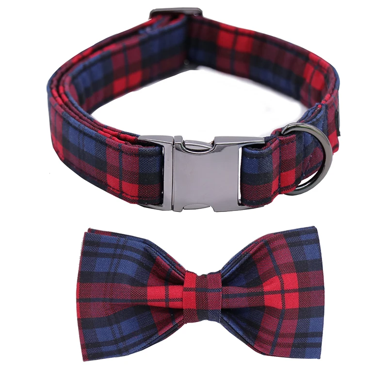 Unique Style Paws Christmas Dog Collar Red And Green Plaid Cotton Fabric Dog Collar and Bow