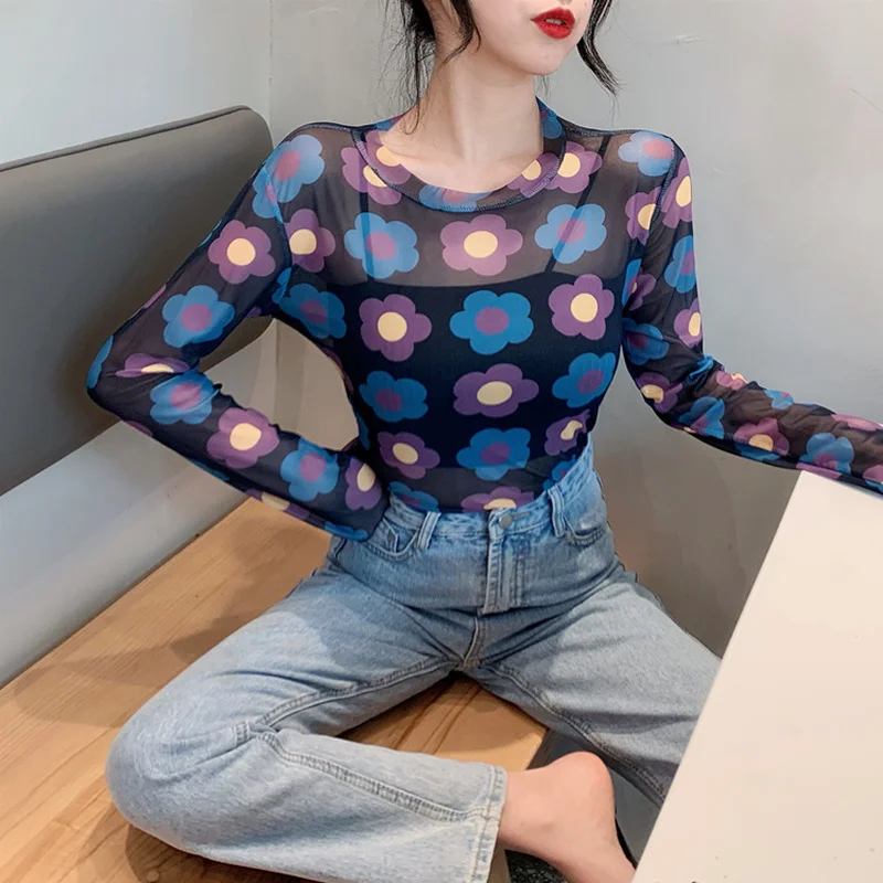 Ruoru Korean Style Kawaii Mesh Top Under Shirt New Harajuku Aesthetic Cute Ladies Tops T Shirt Long Sleeve Mesh Top Dropshipping