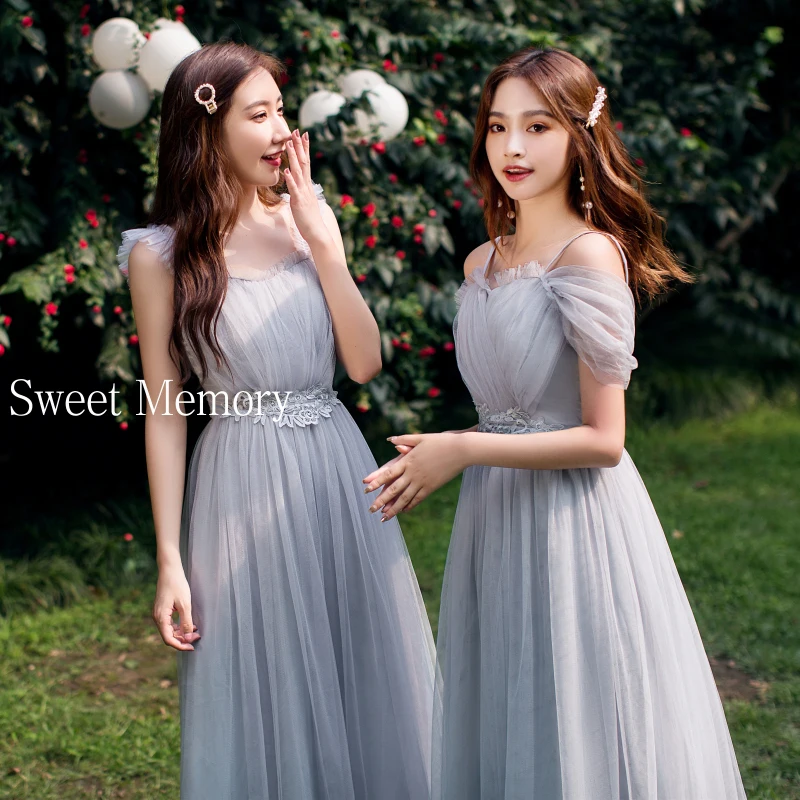 O43 Long Grey Blue Pink Champagne Graduation Dresses Bride Sister Wedding Party Gown Sweet Memory