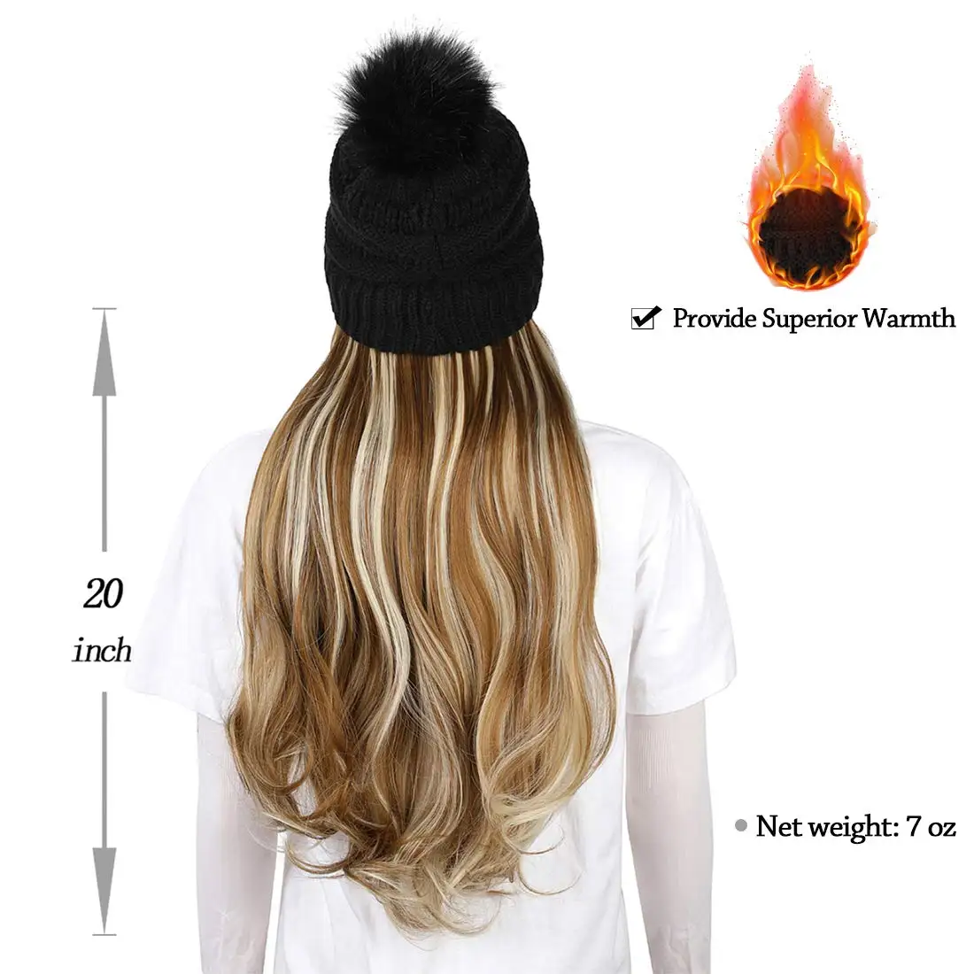 SHANGZI Hat Wig Synthetic Long Wavy Wigs white Plus velvet Beret Hat Knitted Fashion black Autumn Winter Cap Hair Wig Extensions