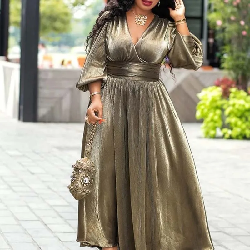 Sexy Evening Party Dress Women African Clothes Robe Long Dress Plus Size Solid Gold V-Neck Split High Waist Pleated Dress Ninght