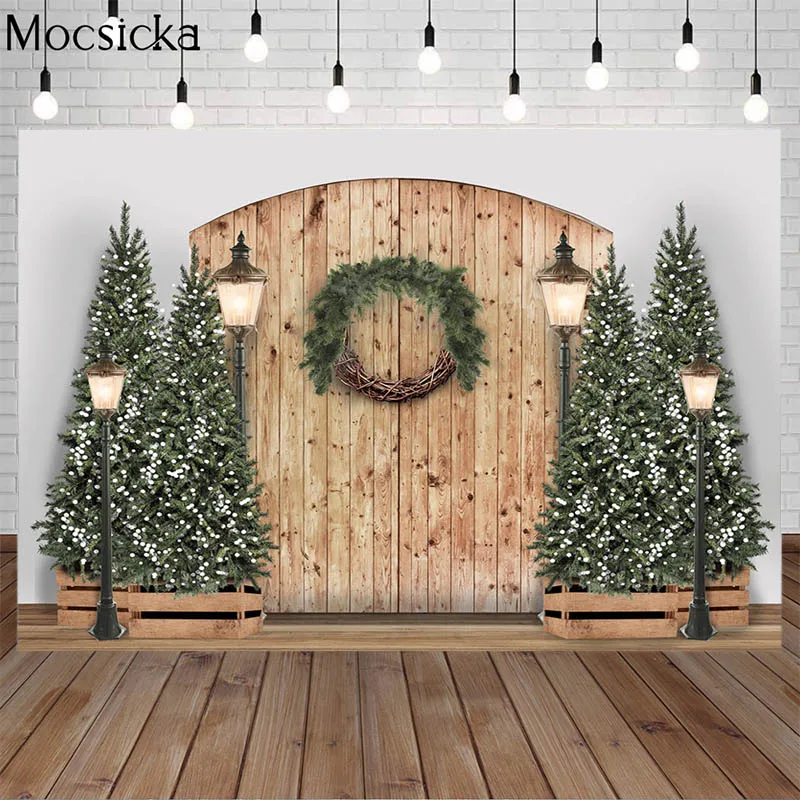 

Merry Christmas Rustic Brown Wood Board Photography Background Christmas Tree Wreath Backdrop Child Family Portrait Photo Studio