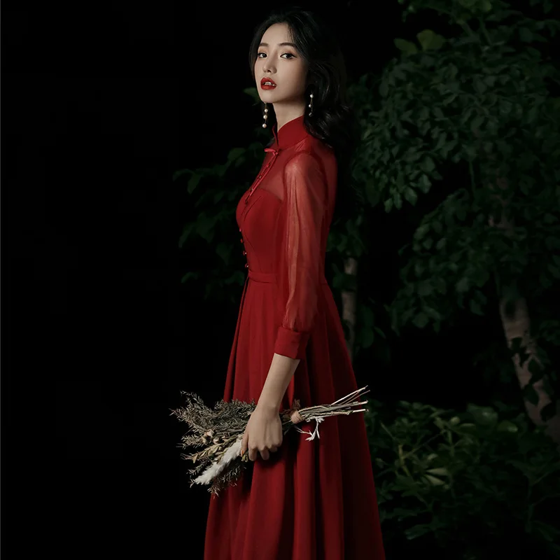 

Temperament Female Wedding Evening Dress Long Burgundy Toast Dress Bride 2020 New Summer Slim And Thin