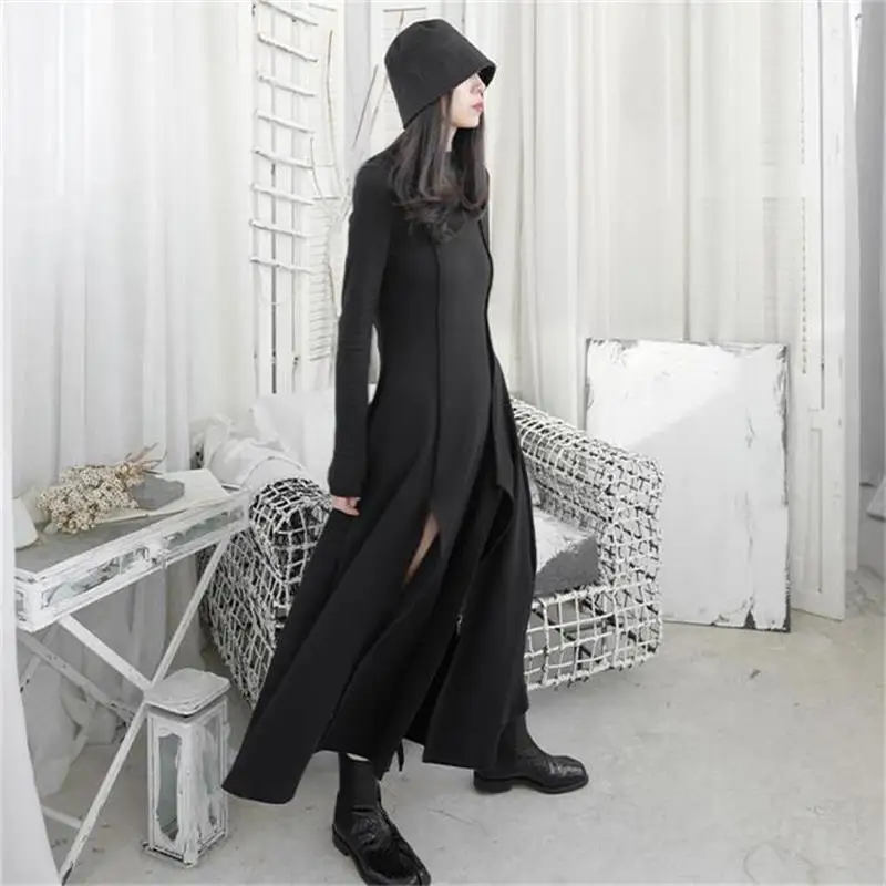 Ladies Long Sleeve Dress Spring/Summer Classic Black Waist Slit Design Half High Neck Slim Size Skirt