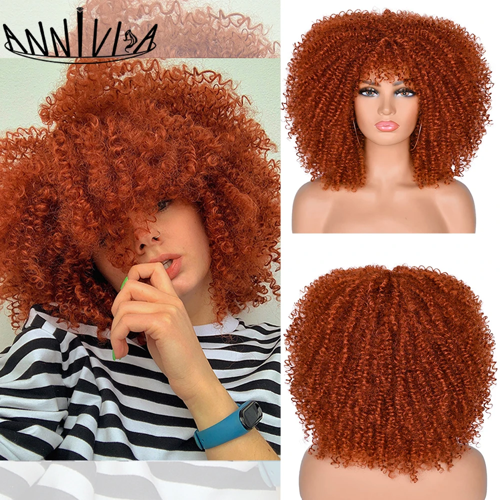 Short Hair Afro Kinky Curly Wig With Bangs For Black Women Cosplay Lolita Synthetic Ombre Natural Blond Red Pink Wig