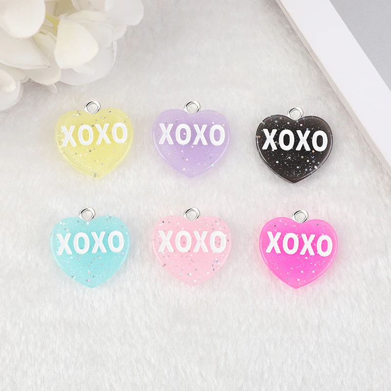 16 Pcs 22*24 MM Glitter Heart Charms Flatback Resin Cabochons XOXO KISS ME LOVE YOU  Pendants for Earrings Necklaces Diy Making