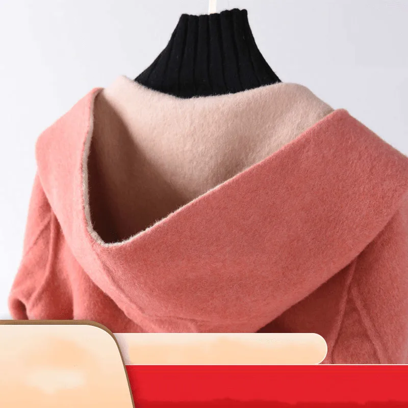 

Autumn Winter Coat Female 80% Wool Long Casaco Feminino Pink Cashmere Jacket Hooded Slim Fit Alpaca Coat + Belt LW1126