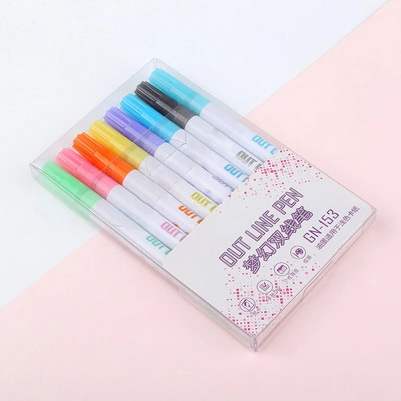 8 Chiếc Huỳnh Quang Bút Dây Chuyền Đôi Đường Viền Màu Bút Đánh Dấu Cho Viết Hình Tranh Vẽ DQ-Thả