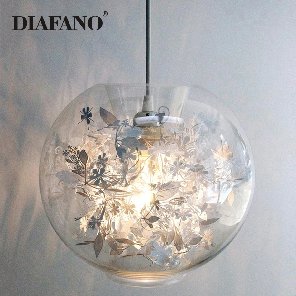 Clear Glass Ball modern hanging lamps Kitchen Dining Bar Pendant Lights Stainless steel flowers Leaves Golden Silver pendant