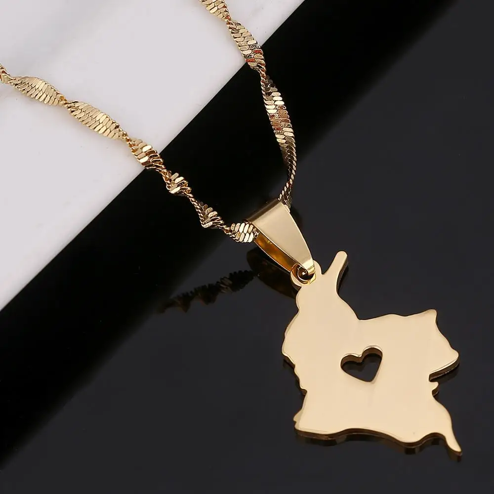 Stainless Steel Colombia Map Pendant Necklace Gold Color Map of Colombian Heart Jewelry