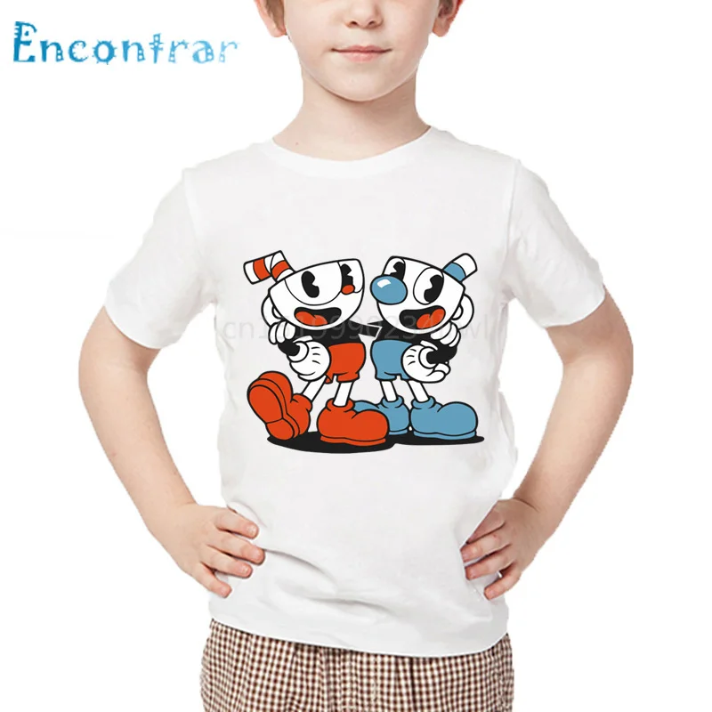 Kids Cartoon Cuphead Print T shirt Children Dabbing Cuphead Design Summer Tops Boys and Girls Casual White T-shirt