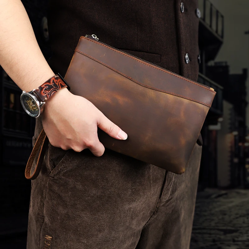 Handmade Genuine Leather Clutch Wallet Retro Long Handbag Large Capacity Organizer Hand Bag For Men