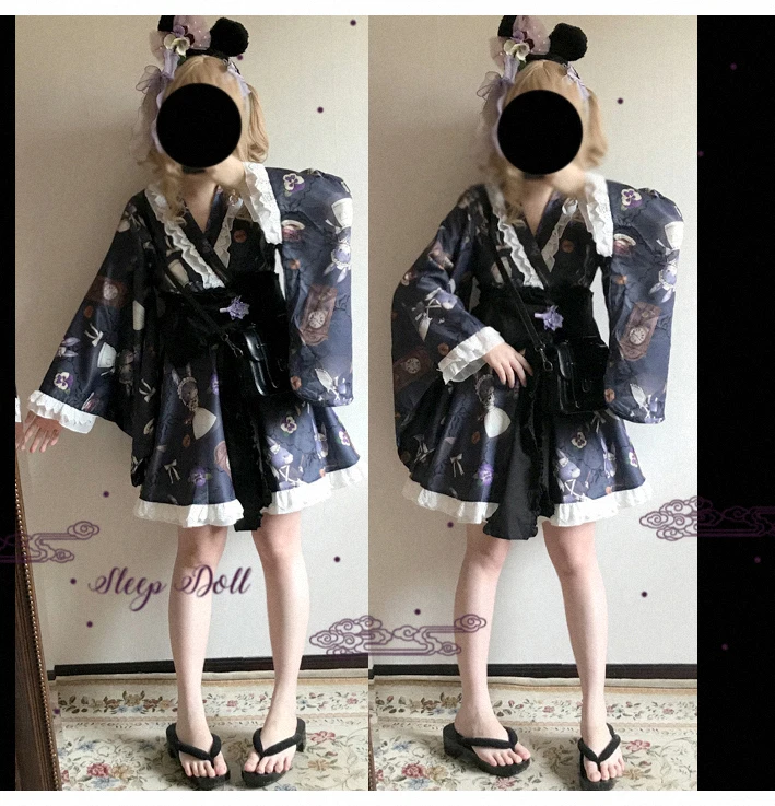 Styl Preppy uczeń Hanfu retro słodki lolita zestaw sukienka + pas wiktoriański druk kawaii dziewczyna loli cos gothic lolita kimono