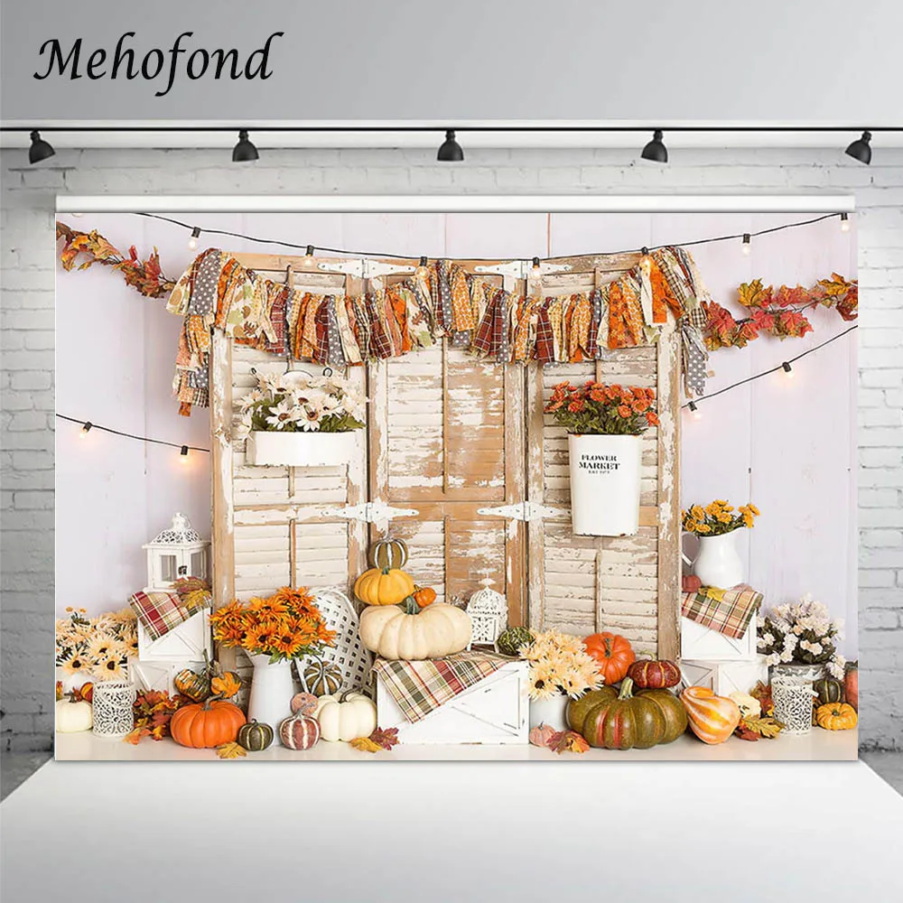 Photography Background Fall Pumpkin Flower Market White Vase Wooden Door Newborn Baby Shower Birthday Backdrop For Photo Studio