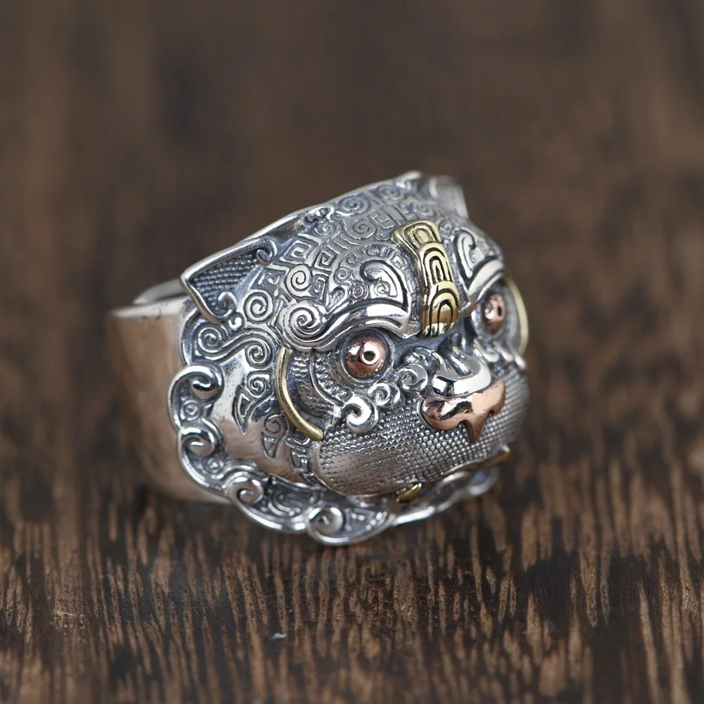 Chinese Ethnic Style Silver Plated Pi Xiu Ring Feng Shui Good Lucky Wealth Ring Mythical Animal Men's Ring Anniversary Jewelry