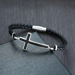 Men Casual Sideways Cross Charm Black Braided Leather Rope Bracelets Bangles Male Prayer Gifts Jewelry