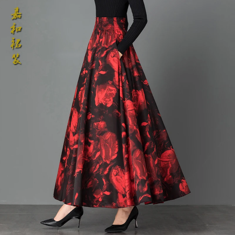 Large Plus Size 2021 Autumn Winter New Big Red Rose Flower Pattern Retro Print  High Waist A-line Maxi Long Skirts for Womens