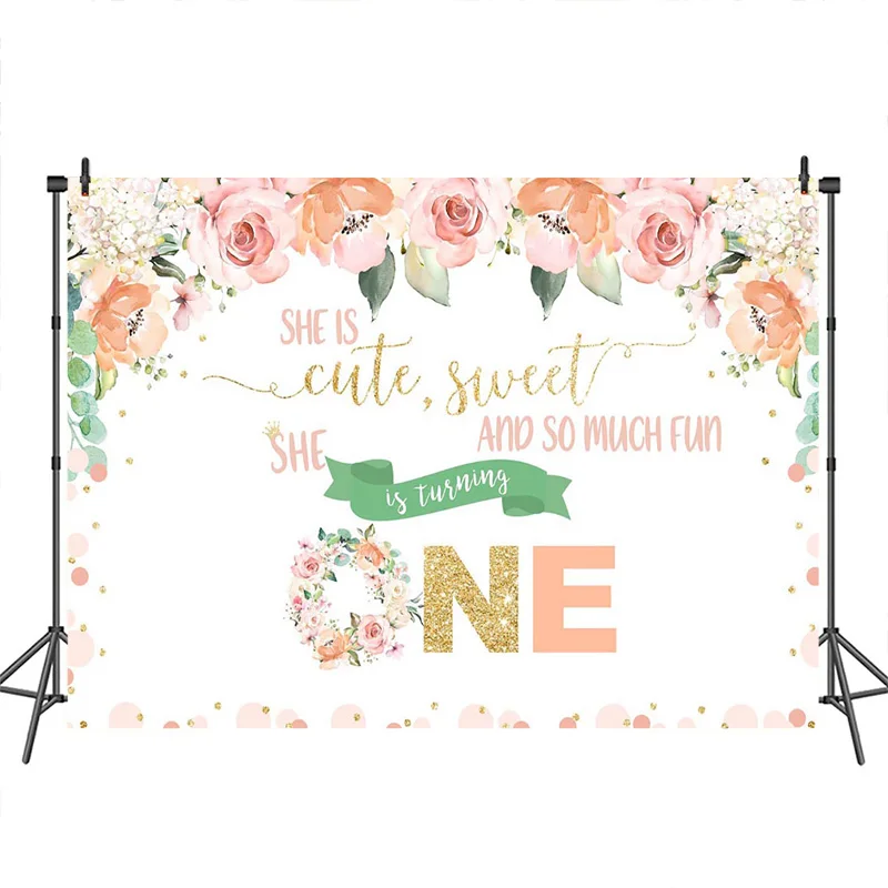 

Baby Shower Backdrop for Photo She is Turning One wreath floal Backdrops 1st Birthday Party Decorations Photo Booth Studio