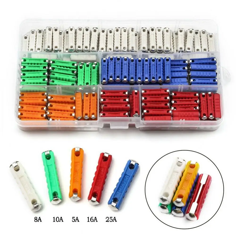 Fuses Plastic 200Pcs 5A/8A/10A/16A/25A Torpedo Shape Car Vehicle Kit with Box