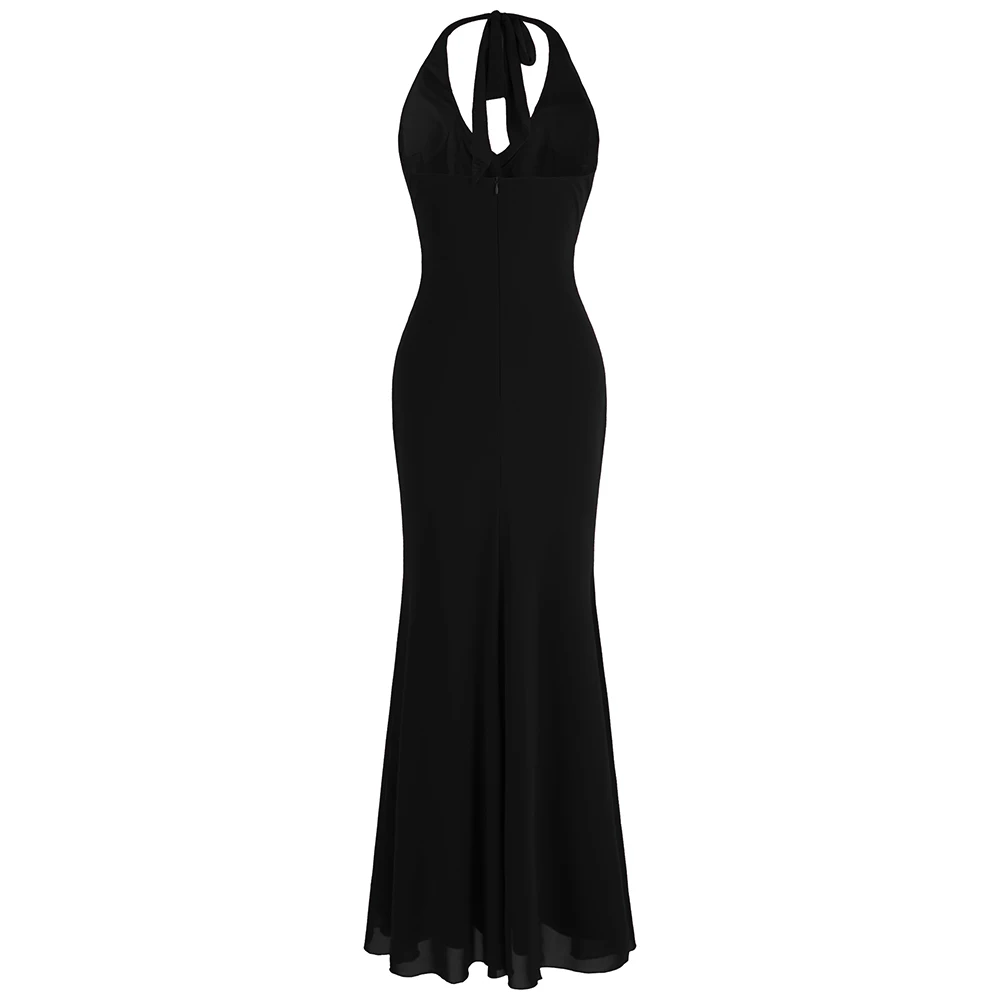 Angel-fashions-Vestidos de Noche negros con cuentas y cuello Halter, vestido largo Formal para fiesta, 474, 484